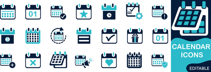 calendar icon set featuring dates, schedules, appointments, events, and reminders for organization, planning, and time management design