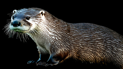 A wet, brown river otter with a black background.