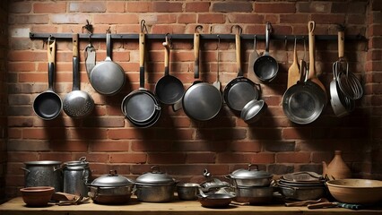 A Rustic Kitchen With Hanging Pots and Pans Against a Brick Wall, Showcasing Culinary Tools in a Warm Setting