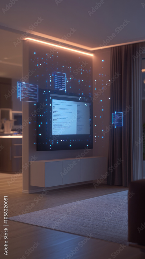 Poster a television screen is lit up with a blue and white background and a computer screen with a black an