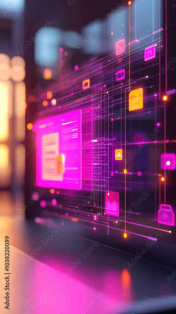Poster a computer monitor displays a colorful, abstract design with many different shapes and lines. concep
