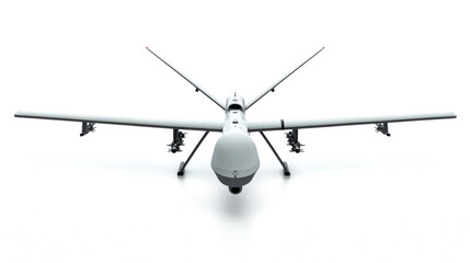 A white drone with four propellers and a camera lens facing forward, isolated on a white background.