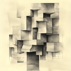 complex geometric abstract structure drawn in pencil with varying shades and textures