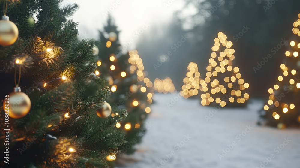 Poster a row of christmas trees with lights on them. the trees are lit up and surrounded by snow