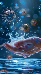Fototapeta premium Hand in blue water with soap bubbles rising, viruses in background, symbolizing COVID-19. Chinese characters for 