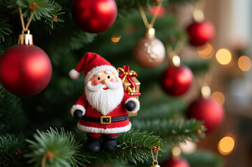 Santa Claus Ornament on Christmas Tree with Red Baubles