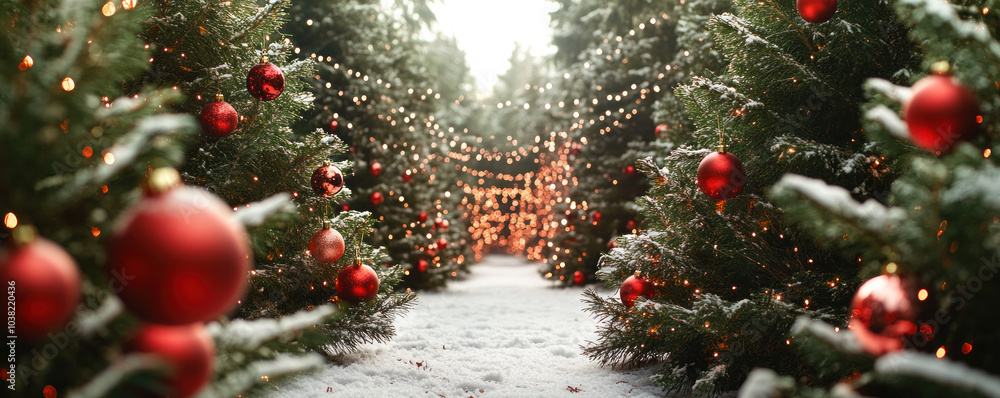 Poster a christmas tree with red ornaments and lights. the tree is surrounded by a path of snow