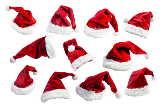 Realistic red Santa hats: the perfect accessory for festive fun isolated on transparent background
