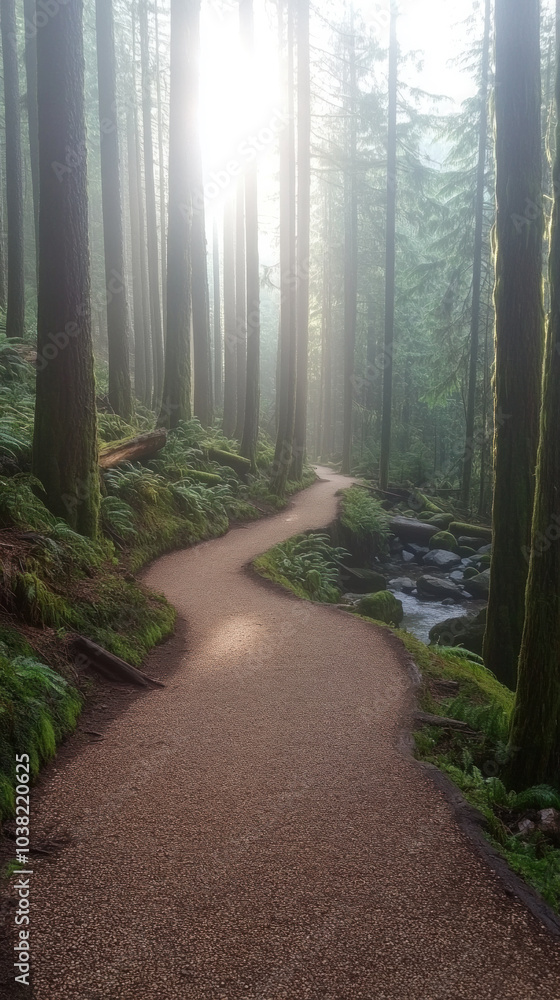Aufkleber a path through a forest with a stream running alongside it. the path is made of gravel and is surrou