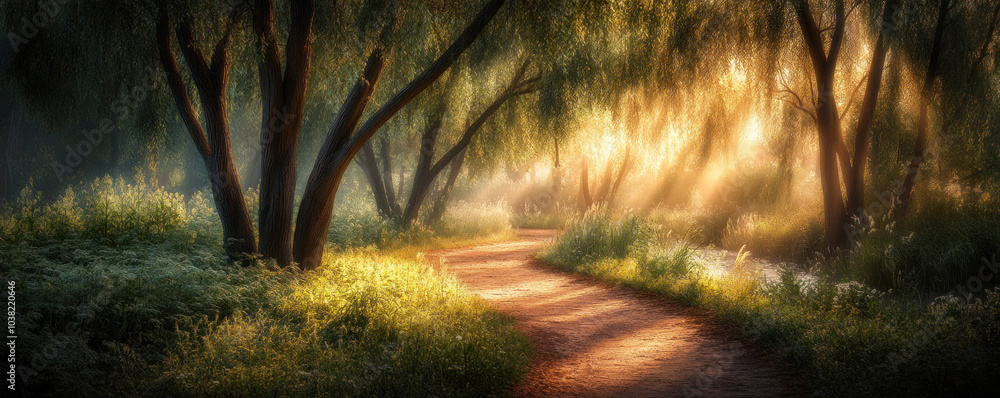 Aufkleber a path through a forest with trees and grass. the sun is shining through the trees, creating a warm 