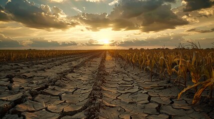 Fototapeta premium A desolate cornfield at sunset with dry, cracked earth, dead plants, and dramatic sky evokes depletion of resources and desolation.
