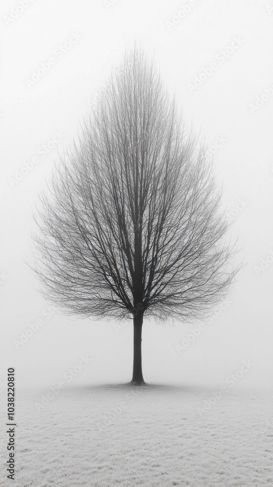 Poster a tree stands alone in a field of snow. the image has a serene and peaceful mood, as the tree is the