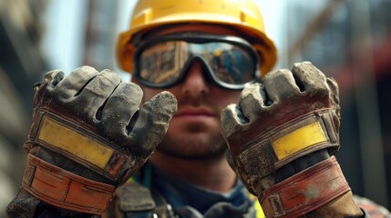 Heavy-duty gloves and safety eyewear for construction workers, designed for extreme durability and protection. The gloves shield hands from rough materials, while the eyewear prevents eye injuries