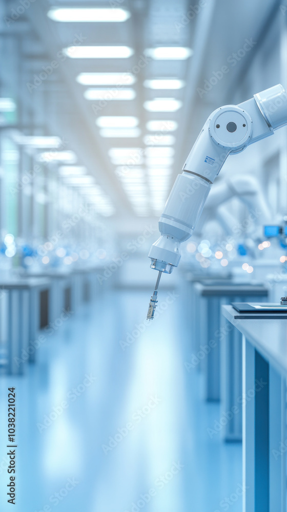 Poster a robot is standing in a room with many tables and chairs. the robot is holding a tool and he is wor