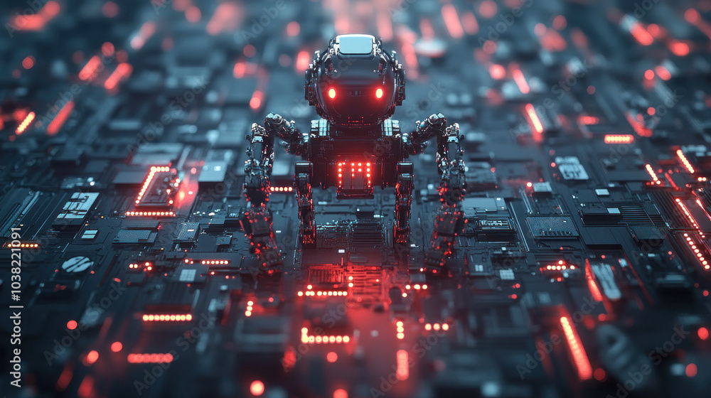 Poster a robot is standing on a computer chip. the robot is surrounded by a lot of red lights