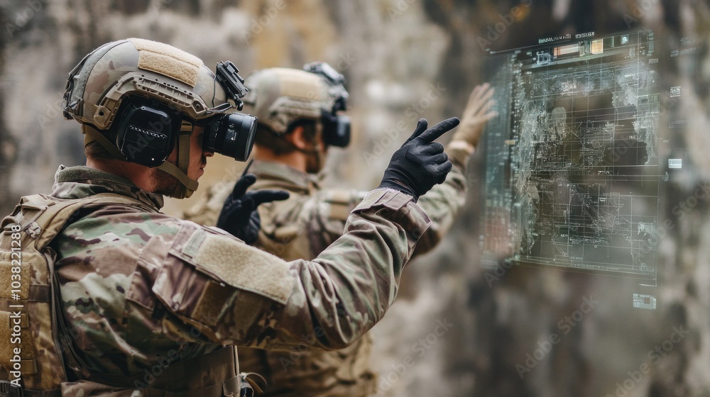 Wall mural intelligence officers scanning enemy territory, using augmented reality tools to gather and analyze 