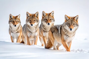 Coyotes Hunting in Winter Snow, Panoramic View of Isolated Wildlife in Canada, Snowy Landscape, Winter Animals, Nature Photography, Wild Canines, Frozen Terrain
