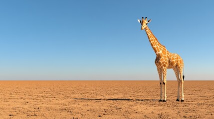 Giraffe standing alone in a vast desert landscape under a clear blue sky.