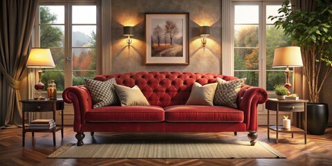 Cozy Red Couch with Pillows in a Welcoming Living Room Setting - Classic Design, Inviting Atmosphere, Perfect for Relaxation and Comfort