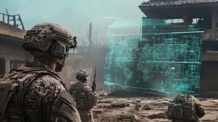 Military Using AR Technology, leveraging augmented reality systems to enhance situational awareness and strategy planning. The AR map overlays key intelligence data onto a live battlefield environment