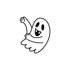 Halloween doodle ghost. Cute poltergeist It shows something. Vector outline illustration. For coloring book.