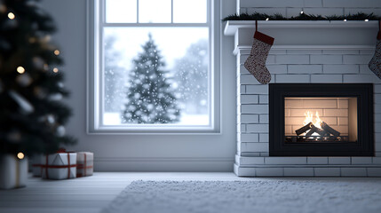 Cozy Winter Fireplace Scene with Christmas Tree and Festive Decorations for a Warm Holiday Atmosphere