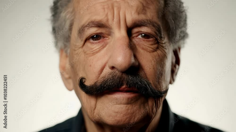 Poster close-up video of an older man with a mustache expressing skepticism turning to understanding, studi