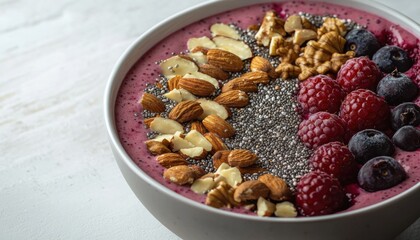 A colorful smoothie bowl topped with nuts, seeds, and berries, perfect for a healthy breakfast or snack.