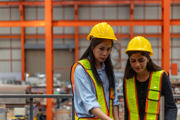 Two female mechanical engineers from different ethnicities and cultures having a discussion over a production plan. Cooperation or partnership across cultures and races in a manufacturing system