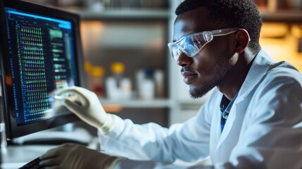 Scientist analyzing data on computer in lab, reviewing large datasets and creating models to interpret experimental outcomes. The computer helps streamline the research process and provide insights