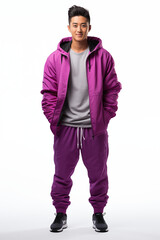 Naklejka premium a man in purple color casual outfit standing in the studio with isolated background