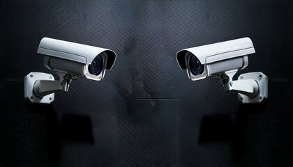Twin surveillance cameras positioned prominently on a dark wall.