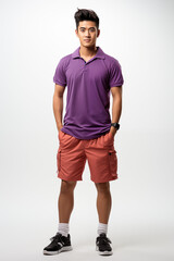 Fototapeta premium a man in purple color casual outfit standing in the studio with isolated background