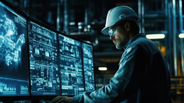 SCADA system operator engineer in the oil and gas industry Monitoring the system for process control and safety, SCADA systems provide critical information.
