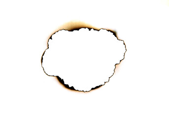 burned hole white paper background texture. Burn in paper with brown edges and flames isolated on transparent background