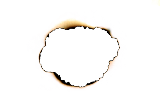 burned hole white paper background texture. Burn in paper with brown edges and flames isolated on transparent background