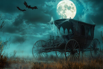 A realistic depiction of an old, broken-down carriage with cobwebs and bats flying around, under a full moon