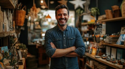 Fototapeta premium Successful small business owner man, standing with a smile in his store. His business is thriving, and the man is celebrating the hard work and dedication that led to his success