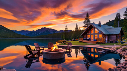 Sunset Reflections A Mountain Cabin by a Tranquil Lake, Featuring a Fire Pit and Comfortable Seating, with a Sky Painted in Orange and Purple Hues Reflecting on the Calm Water