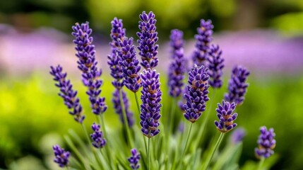 Fototapeta premium A cluster of lavender flowers in the foreground with a soft-focus garden background, creating a peaceful and serene spring atmosphere 