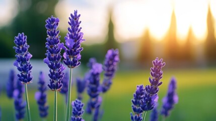 Obraz premium A cluster of lavender flowers in the foreground with a soft-focus garden background, creating a peaceful and serene spring atmosphere 