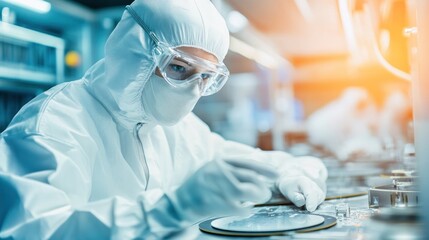 Operators in semiconductor cleanroom environments wear full protective equipment to control cleanliness and contamination. Clean rooms are essential for producing high quality semiconductor components