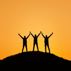 Three Friends Celebrating Together at Sunset on a Hilltop with Joyful Emotions and Positivity