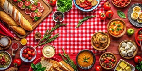 Delicious Bread, Fresh Vegetables, Sauces, and Snacks on a Red Tablecloth - Top View with Copy Space for Menu Design, Culinary Presentation, Food Photography