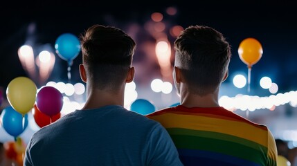 A gay couple sitting close on a rooftop, surrounded by rainbow decorations and colorful balloons, watching New Year's fireworks light up the sky 
