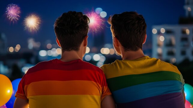 A gay couple sitting close on a rooftop, surrounded by rainbow decorations and colorful balloons, watching New Year's fireworks light up the sky 