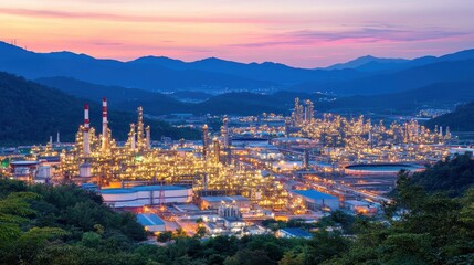 Naklejka premium Aerial view of a vast oil refinery complex glowing with lights during dusk, set against a backdrop of mountains and hills.