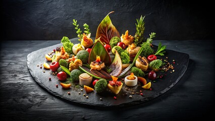 Delicious Gourmet Dishes on Winged Shield Black Template for Stunning Food Photography with Elegant Presentation and Rich Textures, Perfect for Culinary Art Display