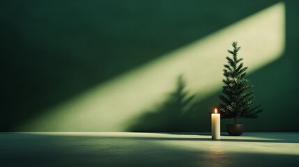A single candle flickering beside a half-decorated Christmas tree, casting long shadows on the wall, creating a lonely and somber scene 
