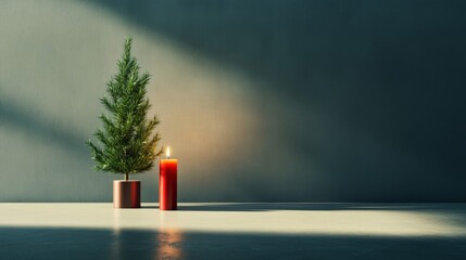 A single candle flickering beside a half-decorated Christmas tree, casting long shadows on the wall, creating a lonely and somber scene 